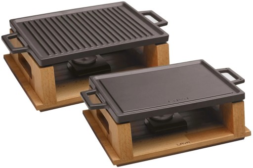 Tava grill din fonta emailata Paderno Cast Iron cu suport de lemn  22x30cm