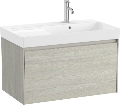 Set mobilier Roca Ona cu dulap baza cu un sertar 80cm si lavoar asimetric orientare dreapta  stejar alb