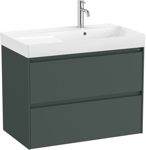 Set mobilier Roca Ona cu dulap baza cu doua sertare 80cm si lavoar asimetric orientare dreapta  verde mat