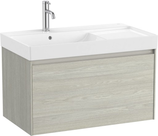 Set mobilier Roca Ona cu dulap baza cu un sertar 80cm si lavoar asimetric orientare stanga  stejar alb