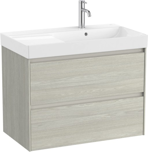 Set mobilier Roca Ona cu dulap baza cu doua sertare 80cm si lavoar asimetric orientare dreapta  stejar alb