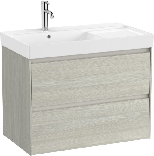 Set mobilier Roca Ona cu dulap baza cu doua sertare 80cm si lavoar asimetric orientare stanga  stejar alb