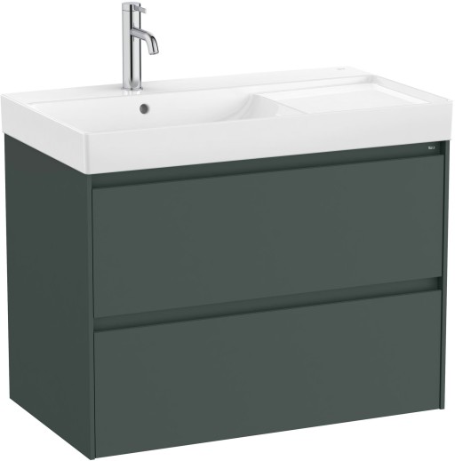 Set mobilier Roca Ona cu dulap baza cu doua sertare 80cm si lavoar asimetric orientare stanga  verde mat