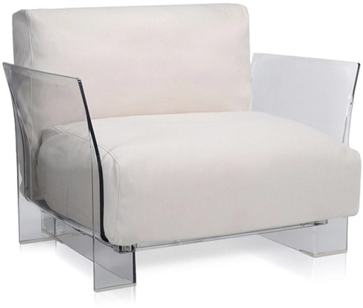 Fotoliu exterior Kartell Pop Outdoor design Piero Lissoni & Carlo Tamborini  cadru transparent  perne Sunbrella alb