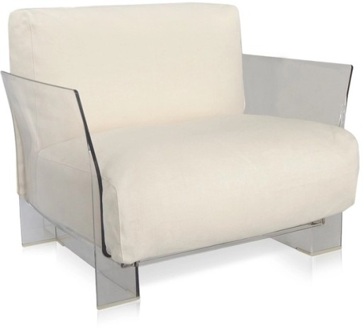 Fotoliu exterior Kartell Pop Outdoor design Piero Lissoni & Carlo Tamborini  cadru transparent  perne Sunbrella ecru
