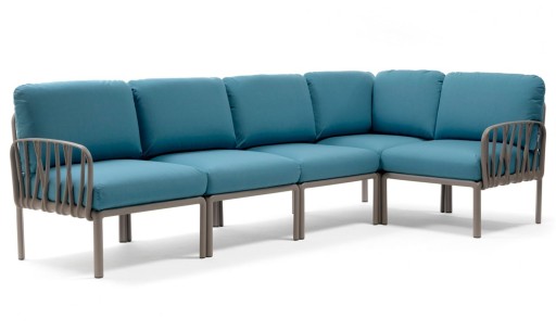 Canapea modulara exterior Nardi Komodo 5  294x154cm  cadru tortora  perne albastru adriatic Sunbrella