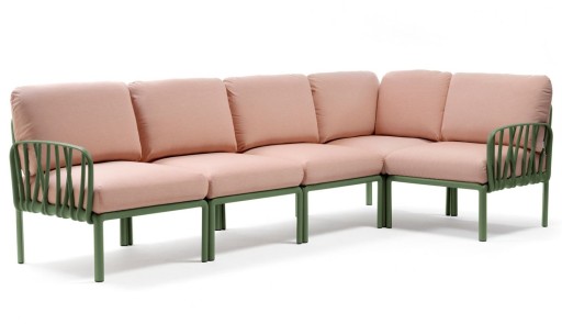 Canapea modulara exterior Nardi Komodo 5  294x154cm  cadru verde  perne roz quarzo
