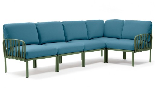 Canapea modulara exterior Nardi Komodo 5  294x154cm  cadru verde  perne albastru adriatic Sunbrella