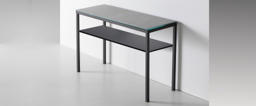 Masa consola Dexo Dado 120x30cm  h74cm  baza metal negru  blat ceramic Vulcano Nero