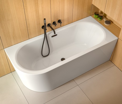 Cada baie asimetrica Besco Avita A-Line 150x75cm  acril  orientare dreapta  ventil click-clack cu preaplin grafit  alba