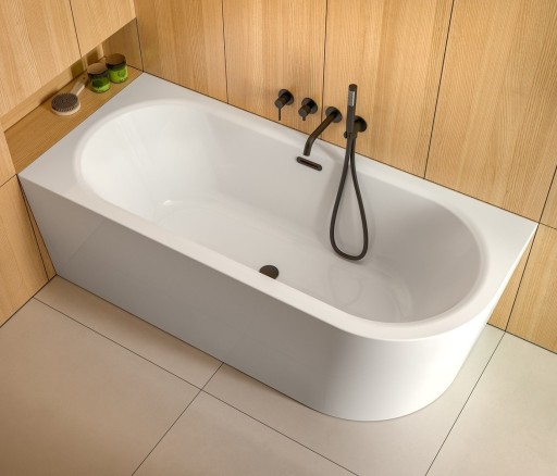 Cada baie asimetrica Besco Avita A-Line 150x75cm  acril  orientare stanga  ventil click-clack cu preaplin auriu  alba