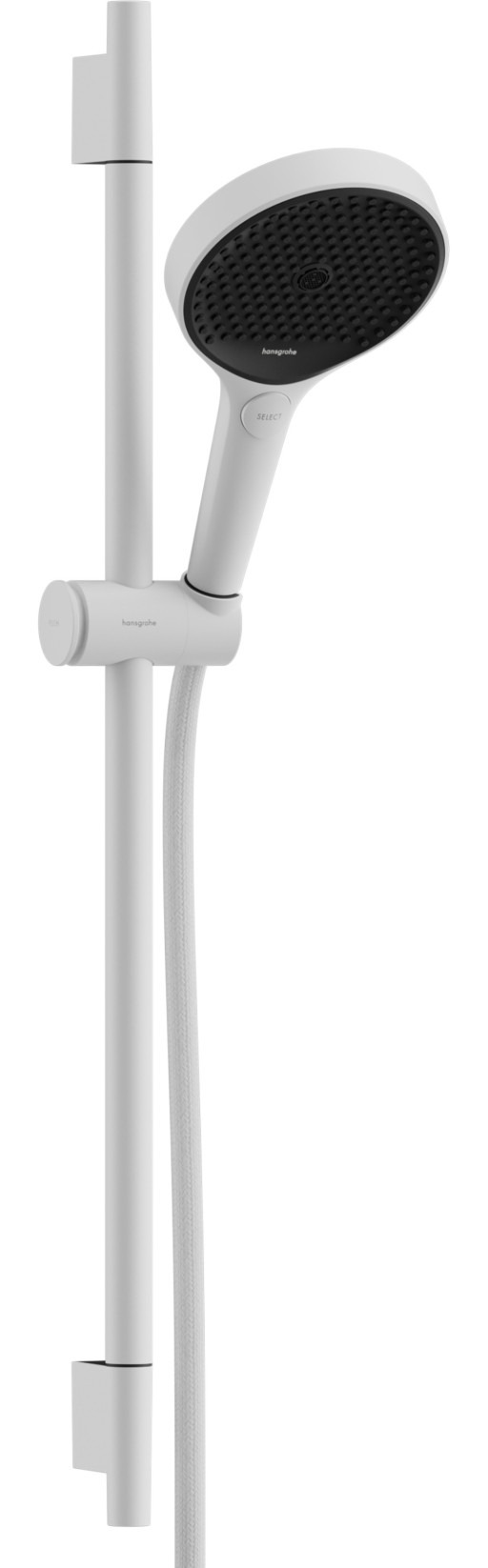 Set de dus Hansgrohe Rainfinity 130  3 tipuri de jet  cu bara 60cm  furtun 1.6m  alb mat