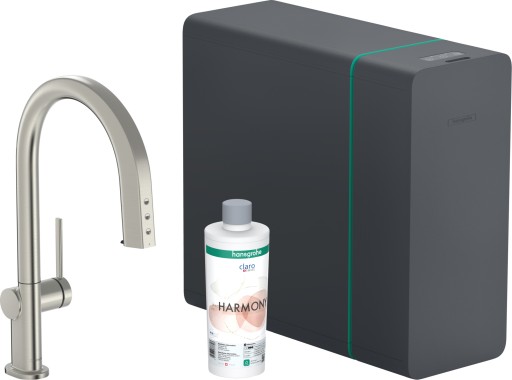 Baterie bucatarie Hansgrohe Aqittura M91 cu pipa extractibila  sistem de filtrare SodaSystem 210  inox