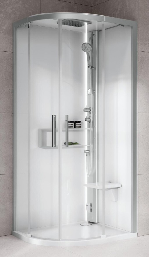 Cabina de dus semirotunda cu hidromasaj Novellini Glax 2 2.0 R HydroPlus 90x90cm  cadita joasa 4.5cm  finisaj Total White