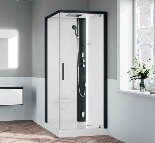 Cabina de dus patrata cu hidromasaj si sauna Novellini Glax 1 2.0 GF Hammam 90x90cm  cadita joasa 4.5cm  orientare dreapta  finisaj Black