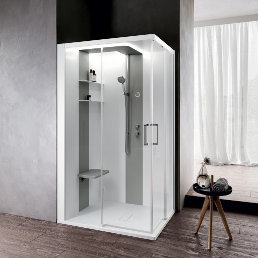 Cabina de dus dreptunghiulara cu hidromasaj si sauna Novellini Skill A Hammam 120x100cm  cadita joasa 4.5cm  orientare stanga  interior alb lucios  finisaj Pearl Grey