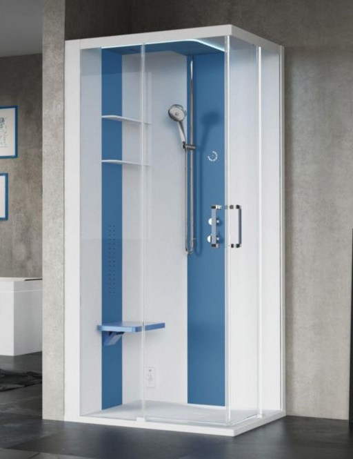 Cabina de dus dreptunghiulara cu hidromasaj Novellini Skill A Essential 100x80cm  cadita joasa 4.5cm  orientare stanga  interior alb mat  finisaj Glossy Blue