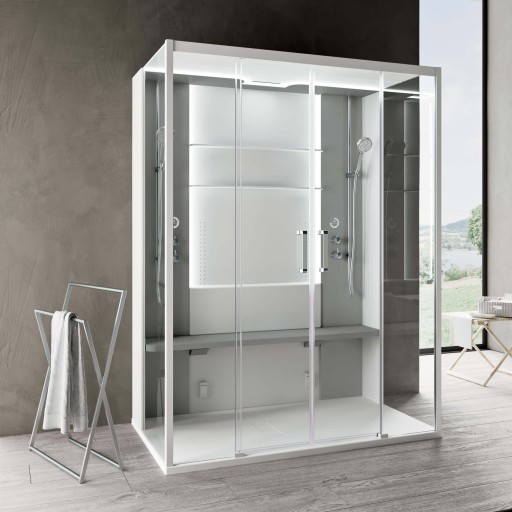 Cabina de dus dreptunghiulara cu hidromasaj si sauna Novellini Skill Dual Hammam 160x97cm  cadita joasa 4.5cm  interior alb mat  finisaj Pearl Grey