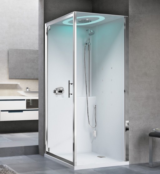 Cabina de dus patrata cu hidromasaj Novellini Eon GF Hammam 90x90cm  cromoterapie si telecomanda  cadita joasa 4.5cm  interior alb lucios  finisaj Crom