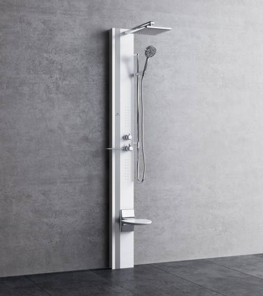 Panel dus cu hidromasaj Novellini Line 1 cu baterie termostatata  scaun si iluminare  aluminiu alb mat si detalii gri