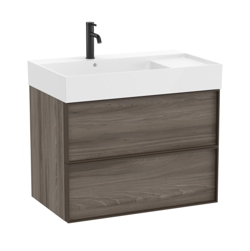 Set mobilier Roca Inspira cu lavoar orientare stanga si dulap baza cu doua sertare  80cm  maro magnolia