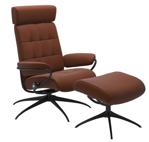 Fotoliu recliner cu taburet Stressless London Star M cu tetiera ajustabila  cadru negru mat  tapiterie piele Paloma Copper