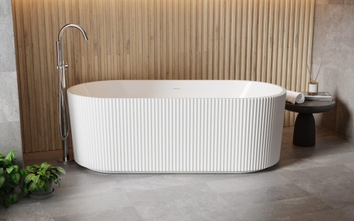 Cada freestanding Besco Giuliana 150x75cm  exterior canelat  sifon click-clack cu ornamente albe  alb lucios