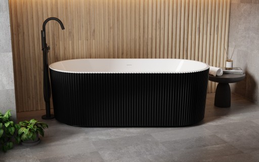 Cada freestanding Besco Giuliana Black&White 150x75cm  exterior canelat  sifon click-clack cu ornamente albe  negru-alb