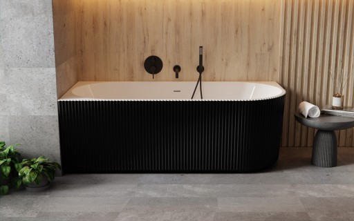 Cada freestanding Besco Denaya Black&White 150x75cm  montare pe colt  orientare stanga  exterior canelat  sifon click-clack cu ornamente albe  negru-alb