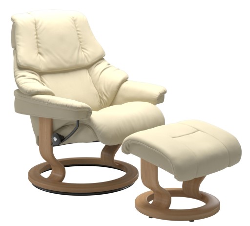 Fotoliu recliner cu taburet Stressless Reno L Classic  baza Oak stain  tapiterie piele Paloma Vanilla