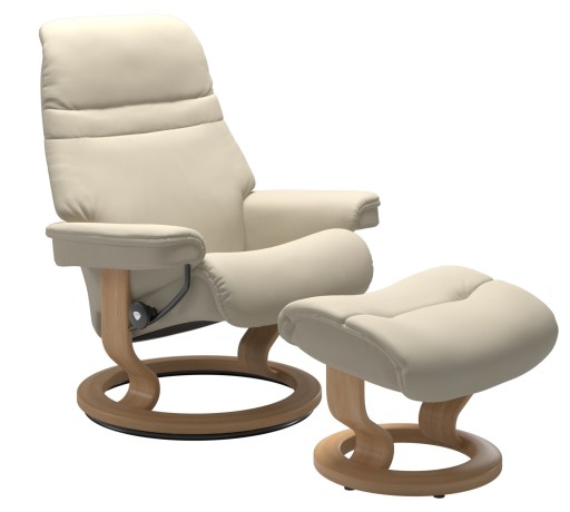 Fotoliu recliner cu taburet Stressless Sunrise M Classic  baza Oak stain  tapiterie piele Batick Cream