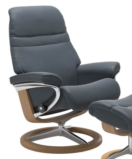 Fotoliu recliner Stressless Sunrise M Signature  baza Polished - Oak stain  tapiterie piele Batick Atlantic Blue