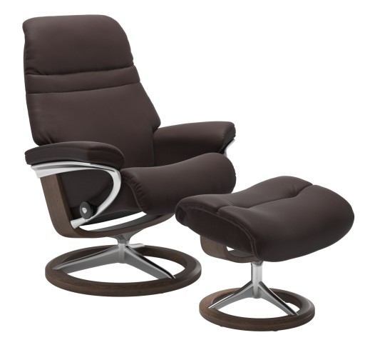 Fotoliu recliner cu taburet Stressless Sunrise L Signature  baza Polished - Walnut stain  tapiterie piele Paloma Chocolate