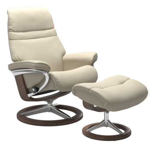 Fotoliu recliner cu taburet Stressless Sunrise L Signature  baza Polished - Walnut stain  tapiterie piele Batick Cream