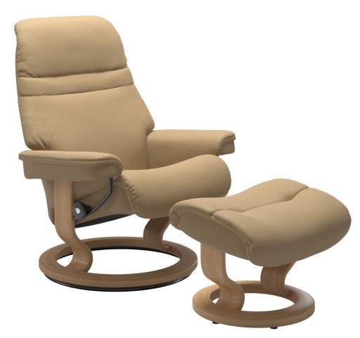 Fotoliu recliner cu taburet Stressless Sunrise M Classic  baza Oak stain  tapiterie piele Paloma Sand