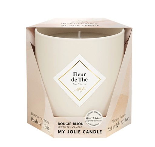 Lumanare parfumata My Jolie Candle Les Essentielles Tea Flower 180g + bratara aurie cu decor bej