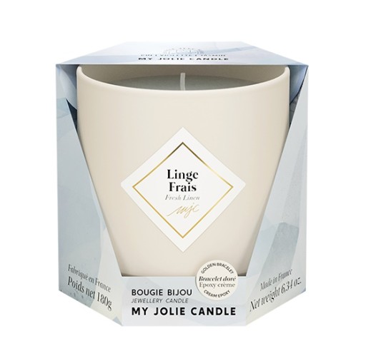 Lumanare parfumata My Jolie Candle Les Essentielles Fresh Linen 180g + bratara aurie cu decor bej