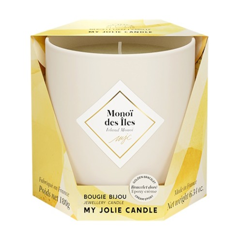 Lumanare parfumata My Jolie Candle Les Essentielles Island Monoi 180g + bratara aurie cu decor bej