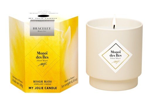 Lumanare parfumata My Jolie Candle Les Surprenantes Island Monoi 180g + bratara argintie surpriza