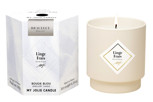 Lumanare parfumata My Jolie Candle Les Surprenantes Fresh Linen 180g + bratara argintie surpriza
