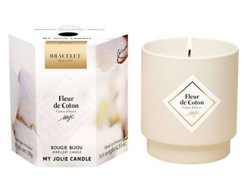 Lumanare parfumata My Jolie Candle Les Surprenantes Cotton Flower 180g + bratara aurie surpriza