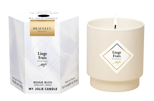 Lumanare parfumata My Jolie Candle Les Surprenantes Fresh Linen 180g + bratara aurie surpriza