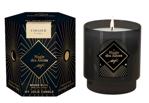 Lumanare parfumata My Jolie Candle Magie des Astres Tea Flower 180g + colier auriu cu pandantiv reversibil luna-soare