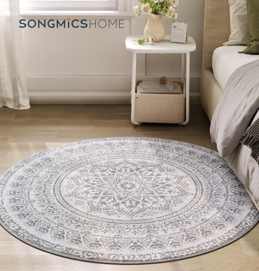 Covor antiderapant Songmics Boho, D120 cm, lavabil la masina, poliester, gri dove
