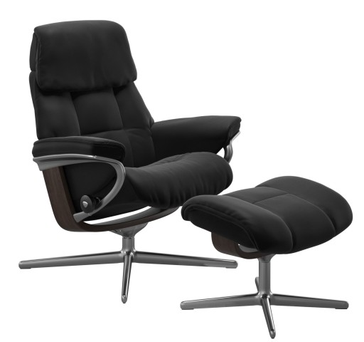 Fotoliu recliner cu taburet Stressless Ruby M Cross  baza Polished - Wenge stain  tapiterie piele Paloma Black