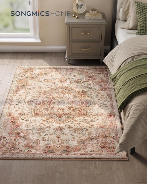 Covor antiderapant Songmics Vintage, 120x170 cm, lavabil la masina, poliester, cappuccino