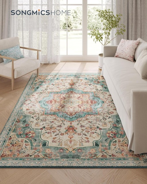 Covor antiderapant Songmics Vintage, 152x213 cm, lavabil la masina, poliester, albastru teal