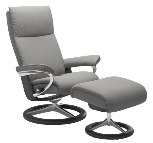 Fotoliu recliner cu taburet Stressless Aura M Signature  baza Polished - Grey stain  tapiterie piele Paloma Silver Grey