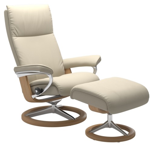 Fotoliu recliner cu taburet Stressless Aura M Signature  baza Polished - Oak stain  tapiterie piele Batick Cream