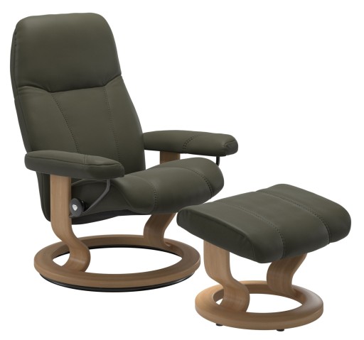 Fotoliu recliner cu taburet Stressless Consul Classic M cadru Oak tapiterie piele Paloma Dark Olive